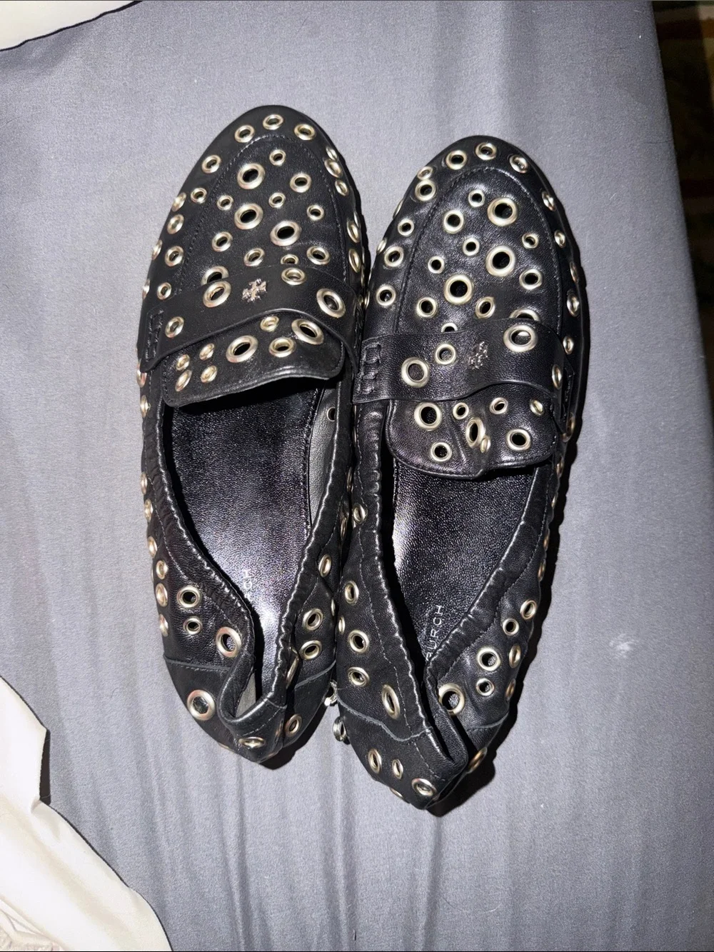 Tory Burch Black Leather eyelet ballet loafers size 9